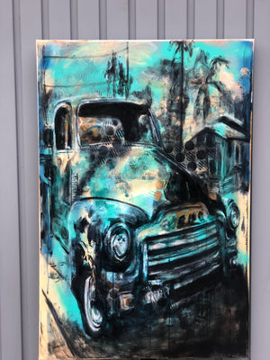 Abstract painting of an old truck with teal and black colors on a gray background