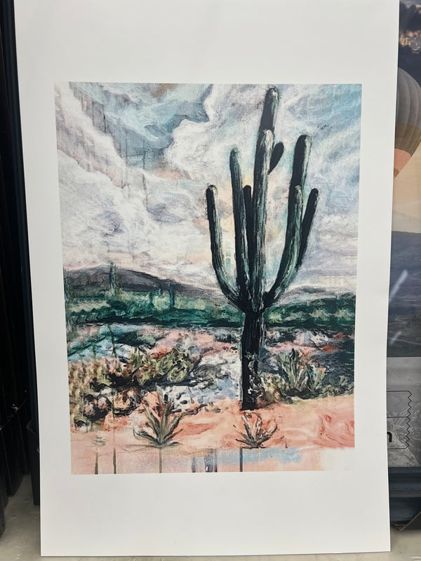 Painting of a cactus in a desert landscape. Abstract.
