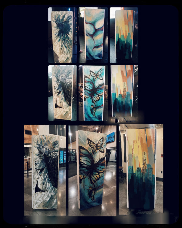 Collage of abstract art pieces with butterfly and cityscape designs.